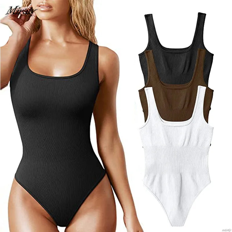 Seamless Sculpting Bodysuit Shapewear Women Square Neck Tummy Control Thong Body Shaper Sexy Ribbed Tank Tops Slimming Jumpsuit